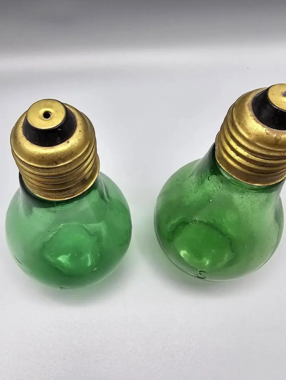 Vintage Green Glass Light Bulb Shaped Salt and Pepper Shakers